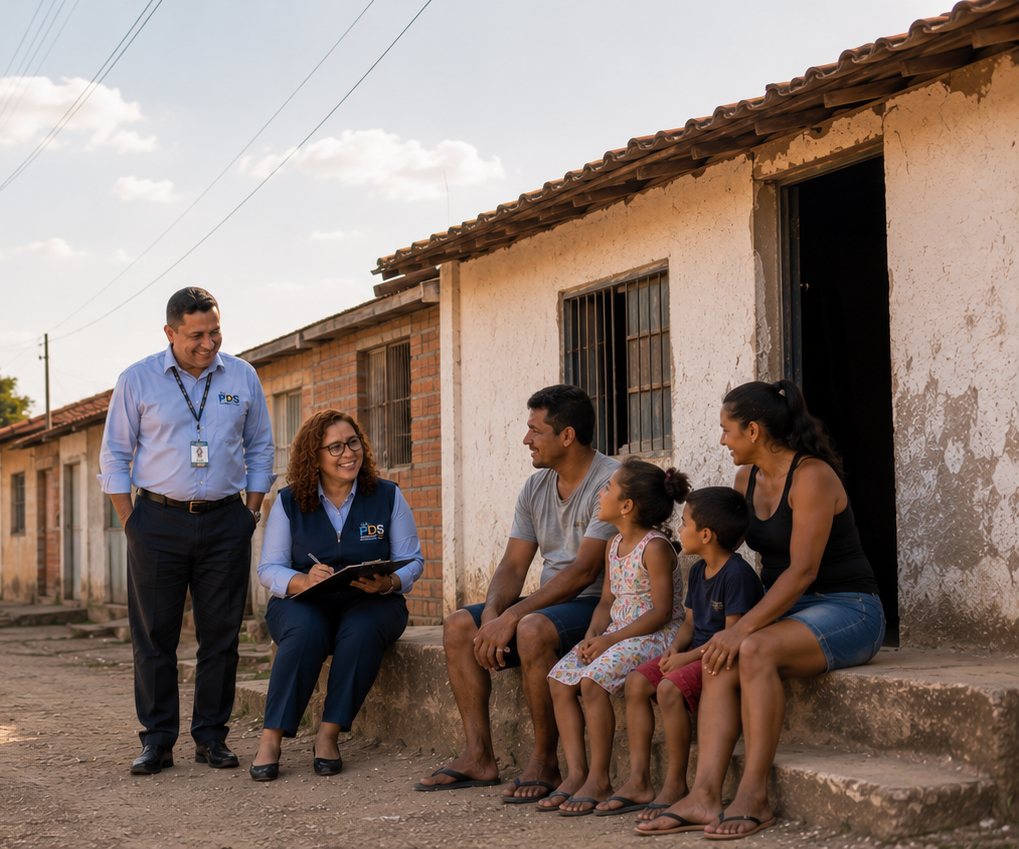 Agentes do PDS conversando com uma família